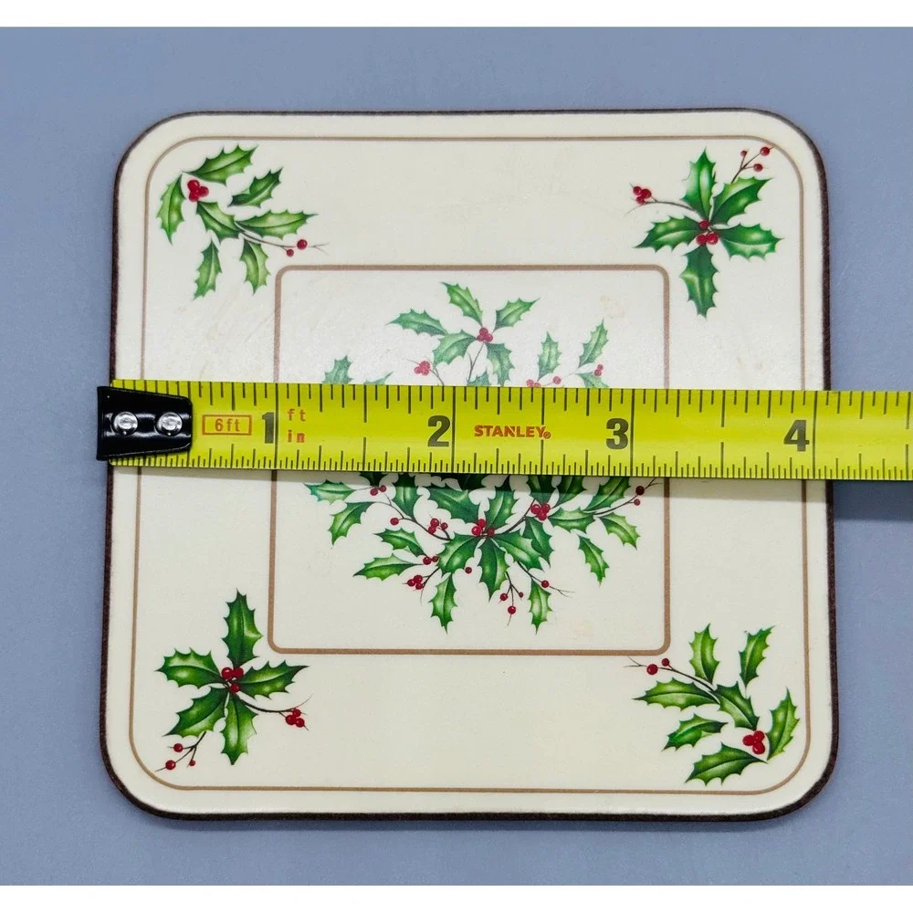 Lenox Holiday Coasters Cream Holly Berry Cork Back Set of 4 Made in England